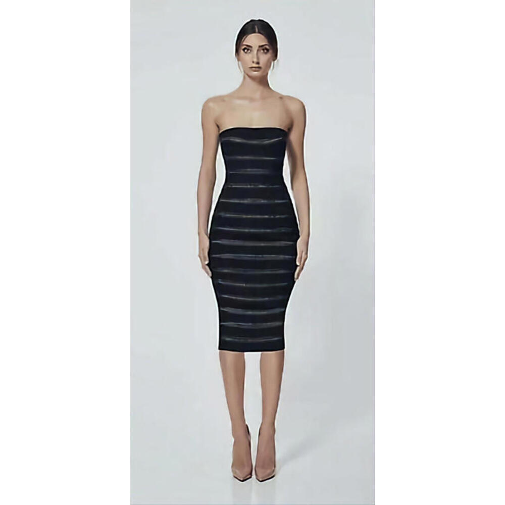 MISHA COLLECTION Agnetta black strapless midi dress zip rubber stripes   $450